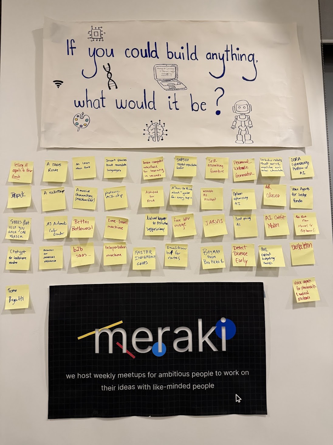 Meraki brainstorming wall with sticky notes